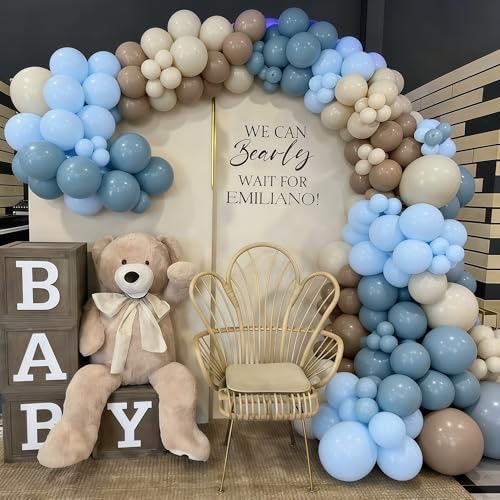 Image of Blue and Brown Balloons Bear Dusty Pastel Blue Khaki Nude White Sand Balloons Tan Apricot Beige Cream Balloon for Boys One Sweet Cookie Baby Shower Birthday Gender Reveal Party Decorations