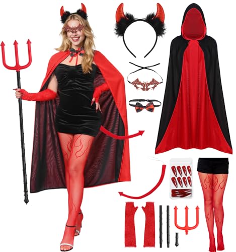 Meriviva Devil Costume Women 22 In 1 Pack Adult Womens Halloween Costume Set with Red Devil Accessories womens Devils Cape Outfit for Fancy Dress Halloween Carnival