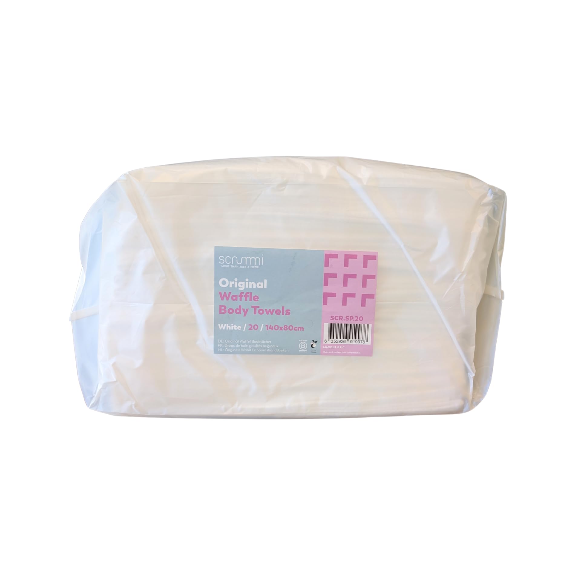 Scrummi White Waffle -Textured Disposable Shower Towel X 20. Ideal For Travel, Fitness And Home Treatments. Made From 100% Biodegradable, Plant-Based Materials.