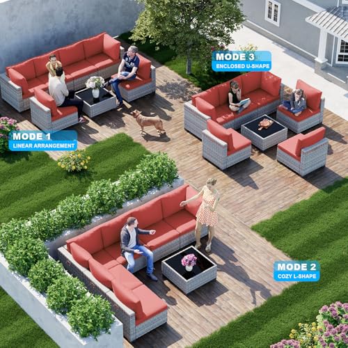 Image of Outdoor PE Wicker Rattan Modular Patio Sectional Sofa Set | 7-Piece: 6 Modular Seats & Coffee Table with Thick Cushions, Red