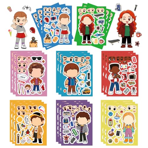 24 Sheets Stranger 5 Theme Stickers, 8 Unique Designed Cartoon Characters Vinyl Sticker, DIY Mixed & Matched Decals for Water Bottles Laptops, Birthday Party Supplies Favors for Fans