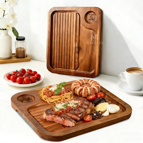 Acacia Wood Steak Plates,Carnivore Cutting Board for Eating, Carved Meat Wooden Plate, Food Serving Tray,Cheese Charcuterie Board with Deep Grooves & Hidden Handles