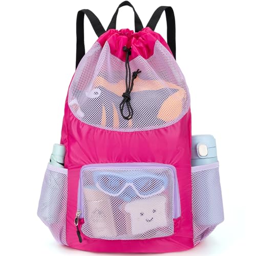 Veious Swim Bag for Kids Drawstring Backpack for Girls Lightweight Mesh Beach Backpack Swimming Pool Sports Gym String Bag Purple