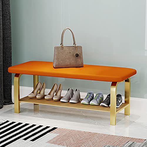 Banco moderno para zapatos, almacenamiento de entrada con asiento tapizado de piel sintética, estante para zapatos de pasillo, elegante diseño naranja, 80 x 30 x 45 cm