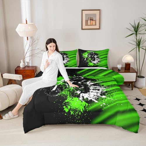 Image of Feelyou Kids Dirt Bike Comforter Set Full Size, Green Black Ombre Bedding Set Extreme Sports Duvet Insert Boys Girls Teens Bedroom Decor 3Pcs