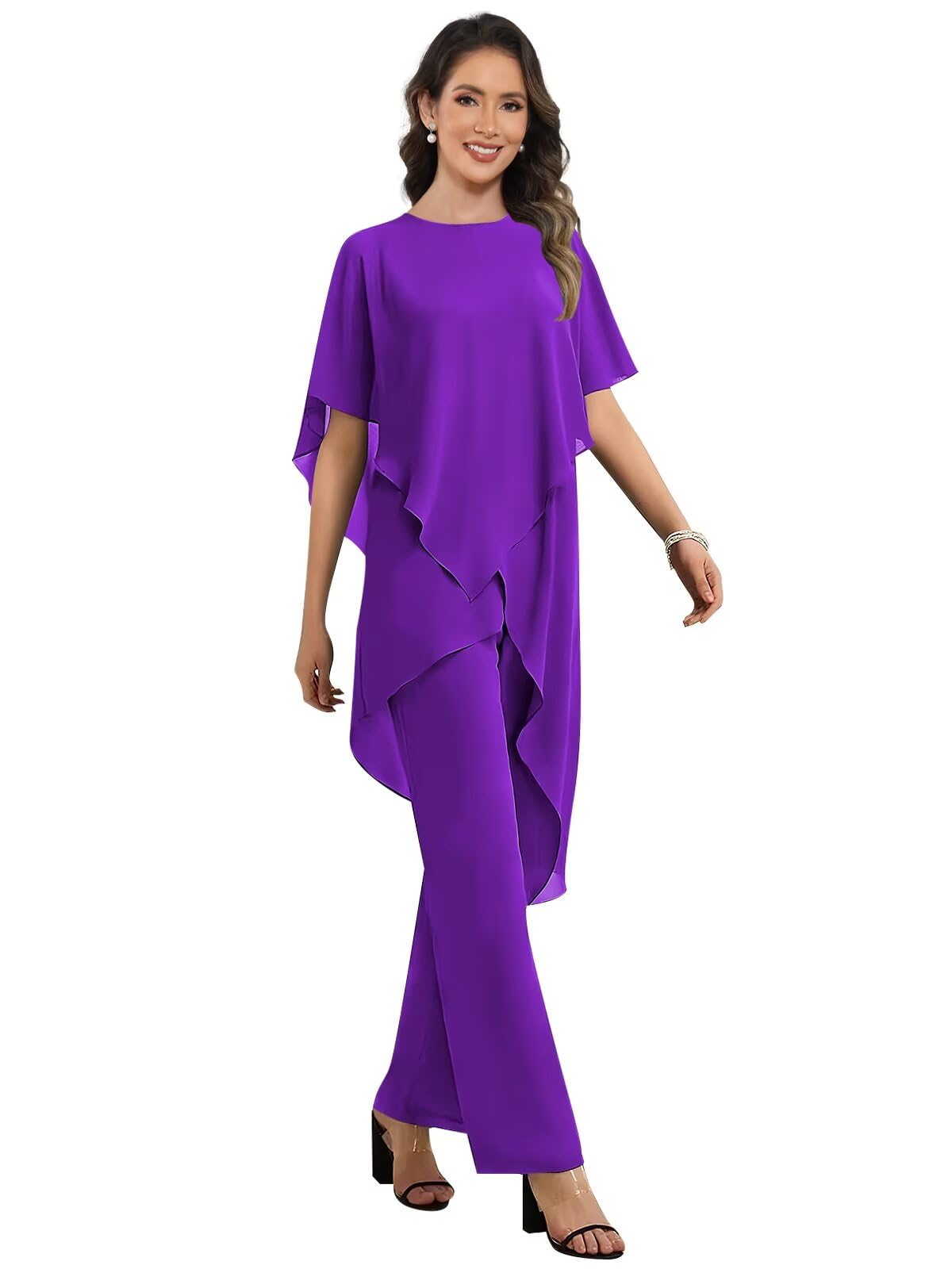 Two Piece Mother of The Bride Dresses for Women Pant Suits Half Sleeves Chiffon Outfits for Wedding Guest