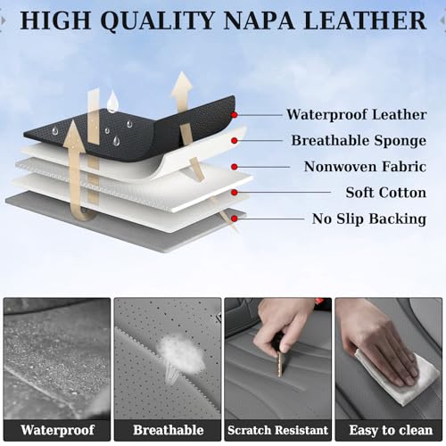 Image of Coverado Car Seat Covers Full Set, Luxury Nappa Leather Seat Covers, Waterproof Seat Cover for Cars, Front and Rear Seat Cover Car Seat Protector, Automotive Seat Cover Universal Fit Most Cars(Gray)