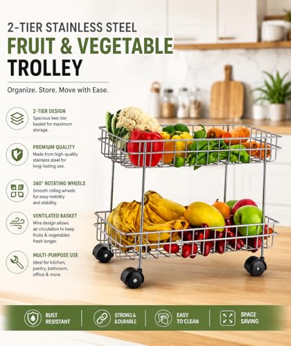 Image of Stainless Steel Kitchen Storage Trolley, 2 Layer, Folding Perforated Design, with Wheels, for Spice, Fruits and Vegetable Organiser (2 Tire Trolly)
