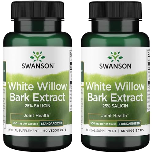 Swanson Maximum Strength White Willow Bark Extract-Promotes Joint Support & Muscle Relief-Standardized to 25% Salicin-Natural Supplement with No Stomach Irritation (60 Veggie Caps 500mg Each) 2 Pack