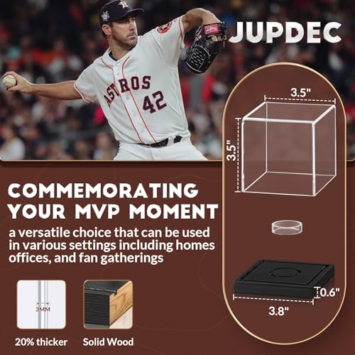 Image of Baseball Display Case, Clear Cube Baseball Holder with Wooden Base, Autograph Baseball Stand Box for Single Ball, Acacia Wood, Black, 1 Pack