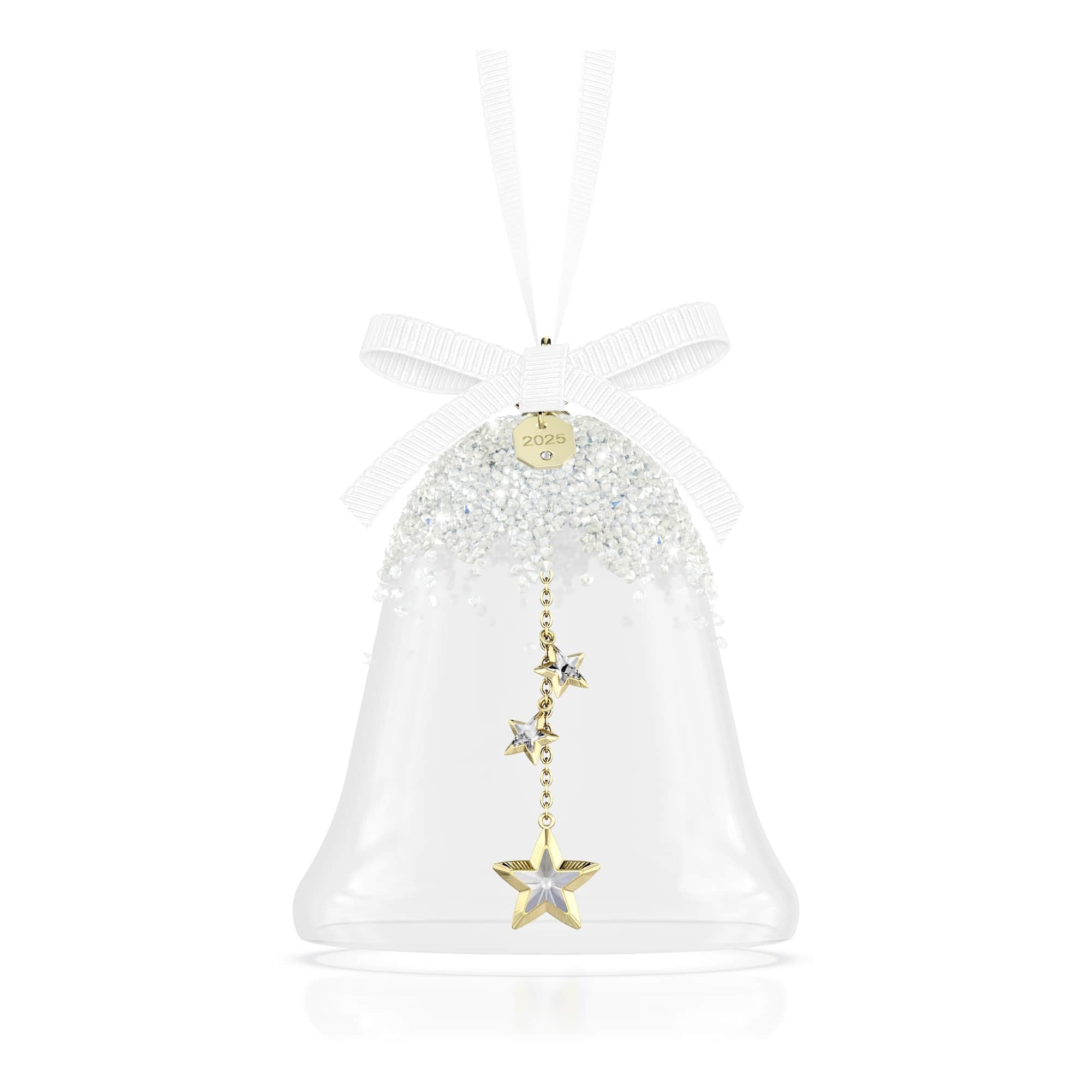 Swarovski Annual Edition Bell Ornament 2025, Glass Bell with Clear Faceted Crystal Stars, Champagne Gold-Tone Metal Accents & White Grosgrain Ribbon, Part of the Swarovski Annual Edition Collection