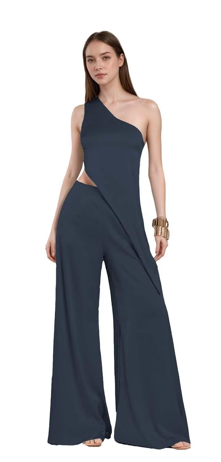 Two Piece Sets for Women Summer Outfits One Shoulder Casual Pantsuit Satin Formal Gowns Navy Blue