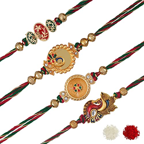 Image of eCraftIndia Set of 4 Red Golden White Pearls Rakhi for Brother Bhaiya Bhai | Roli Chawal Pack | Rakhi Combo