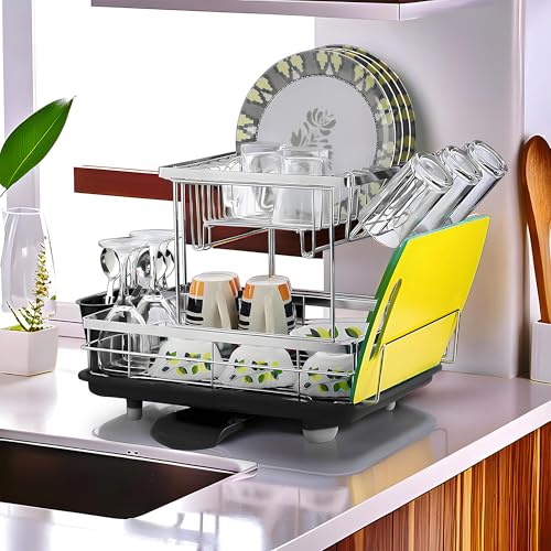 Image of Kuber Industries Stainless Steel 2-Tier Kitchen Dish Drainer Rack with Removable Drain Board | Dishwash Organizer | Utensils Drying Rack with Drainer Tray | Vessel /Bartan Stand for Sink | Black
