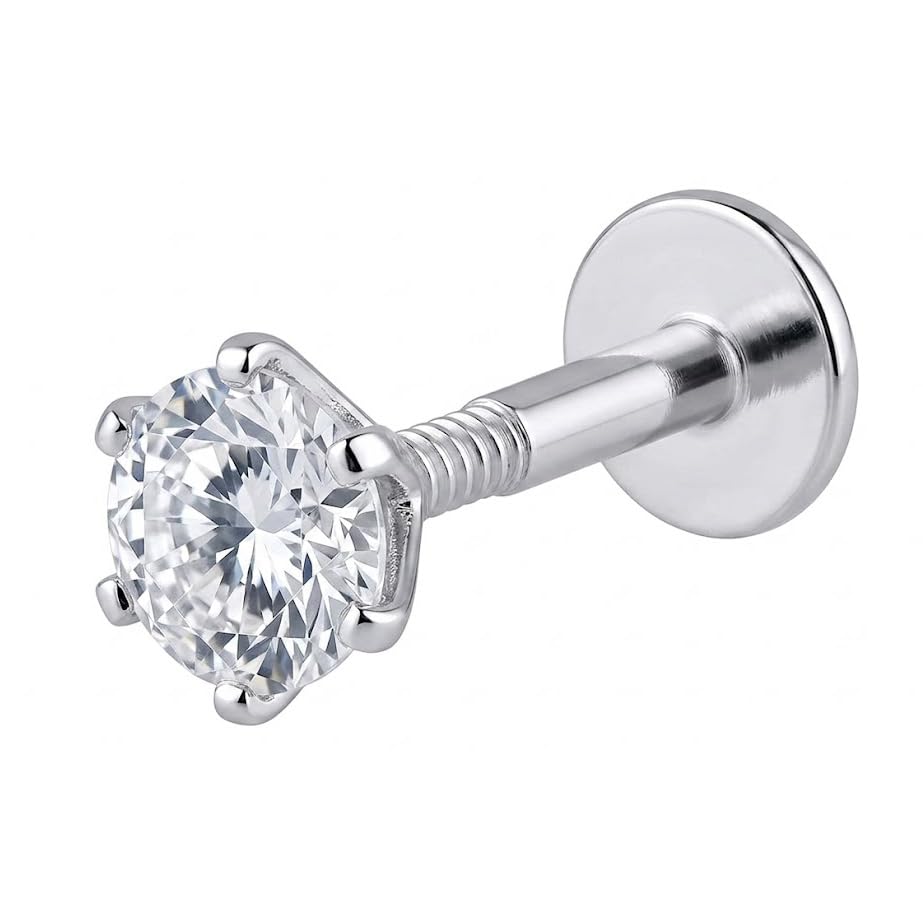 Image of Parnika 925 Sterling Silver Solitaire CZ Nose Pin | Small Size Piercing Nose Stud with Secure Screw Back | Elegant Silver Nose Ring for Women & Girls