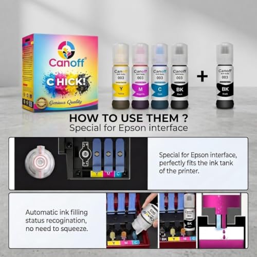 Image of CANOFF 003 Refill Ink Bottle Compatible for Epsan L3110, L3150, L3250, L3252, L3115, L3116 Ink Tank Printers - High Yield, Vibrant Colors, Long-Lasting, Easy to Refill for Smooth Printing 5pc (CMYKK)