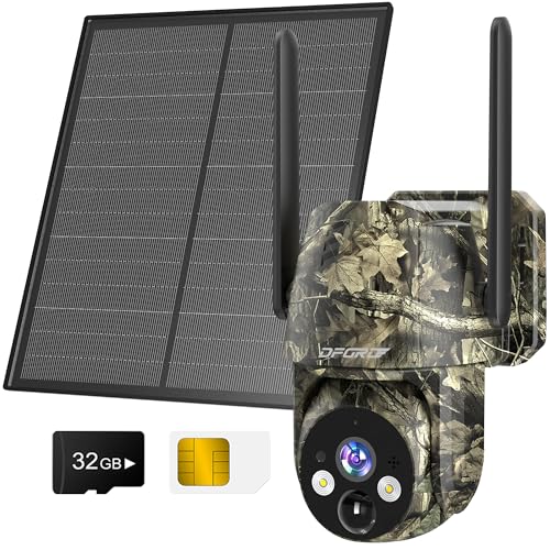 DFGRD 4G LTE Cámara de Vigilancia Exterior Solar con Tarjeta SIM, sin WiFi, 2K Camara Caza sin cables con Batería 10400mAh, Detección de Movimiento, 360° PTZ Visión Nocturna, Audio Bidireccional, IP66