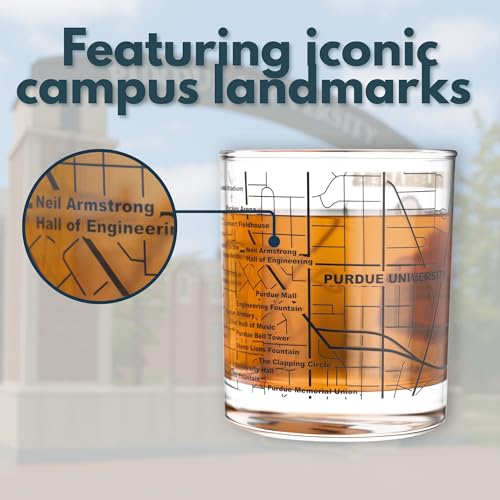 Image of Greenline Goods - University of Purdue Boilermakers College Whiskey Glasses (Set of 2), 10 oz - Full-Color Logo + Campus Map