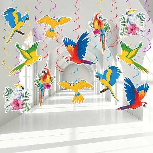 Image of Tropical Birds Hanging Swirls Decorations, 30 Pcs | Hawaiian Toucan Parrot Hanging Swirl Foil Ceiling Decor for Hawaiian Luau Tiki Bar Jungle Rainforest Summer Beach Pool Party