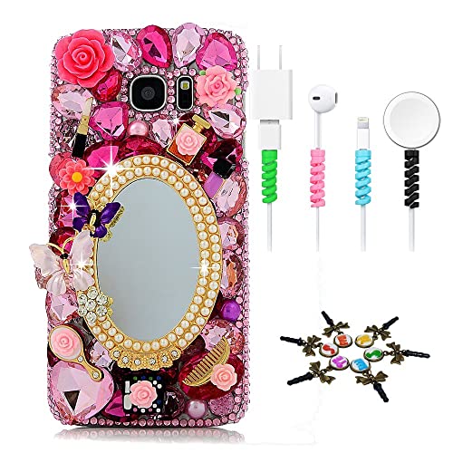 STENES Sparkle Case Compatible with Samsung Galaxy Note 4 - Stylish - 3D Handmade Bling Girls Cosmetic Mirror Flowers Design Cover Case with Cable Protector [4 Pack] - Red