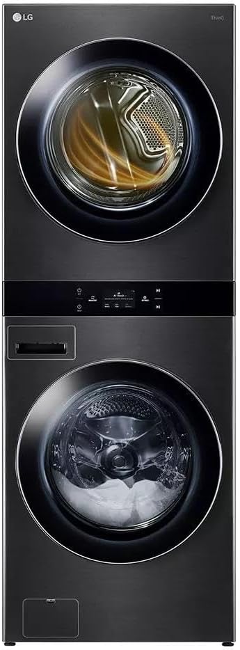 LG WashTower Stacked Smart Laundry Center 5.0 Cu.Ft. Front Load Washer & 7.4 Cu.Ft. Electric Dryer in Black Steel w/Steam