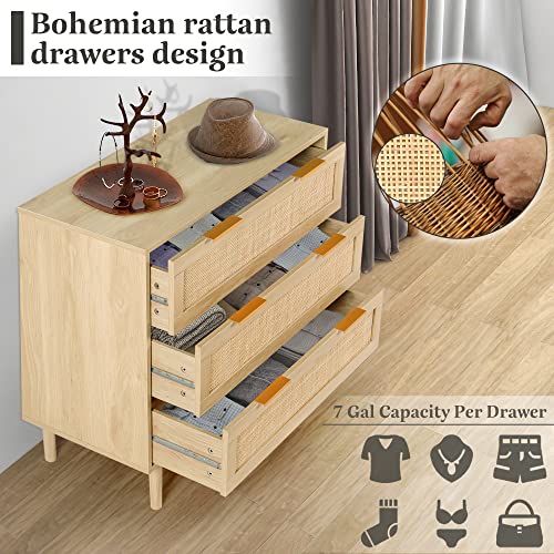 HOPUBUY 3 Drawer Dresser for Bedroom, Rattan Modern Closet Dressers Chest of Drawers, Wood Oak Storage Chest for Kids Bedroom, Hallway, Living Room - Image 4