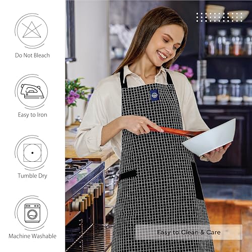 Image of Encasa XO Cotton Cooking kitchen Apron for Women and Men chef apron With adjustable neckstrap, Pocket & Towel Holder for Easy cooking, Baking, BBQ, Gardening- Butcher Checks Black, 68x85 cm