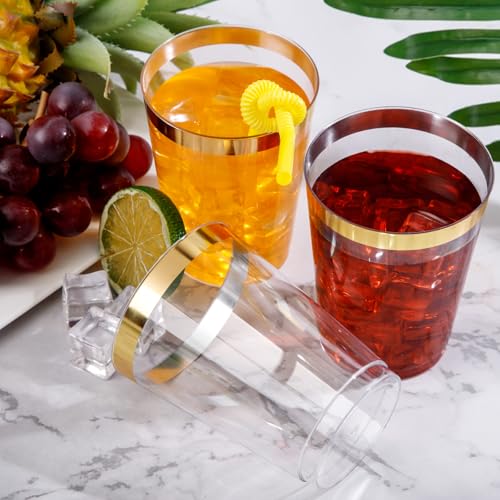 Image of DaYammi 200 Pack Gold Plastic Cups 10 Oz Clear Cup Gold Rimmed Disposable Wine Glasses Fancy Disposable Party Cups Tumblers Drinking Cup Plastic Cocktail Glasses gold disposable cups for Party Wedding