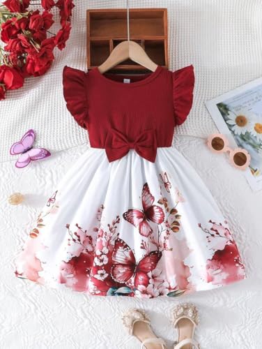 Image of Girls Fit & Flare Dress with Bow | Ribbed Short Sleeve Top & Printed Flared Skirt | Butterfly Floral /Jungle Safari Print | Casual Frock for Kids (9M-4Y)(DW-235)