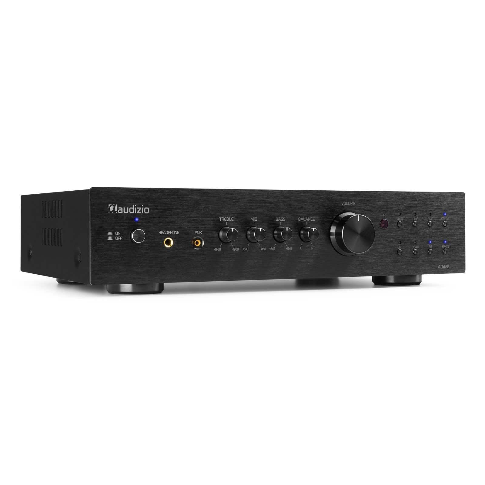 Audizio AD420B - 4 Kanal Verstärker mit Bluetooth, 4 x 100 Watt, mit Fernbedienung, 2.1 kompatibel, Cinch, Optisch, AUX, Koaxial, 8 Ohm, Class AB Stereo Amplifier, Schwarz