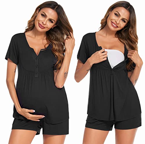 Image of Ekouaer Women's Maternity Nursing Pajama Sets Short Sleeve Postpartum Pajamas Breastfeeding Pregnancy Clothes