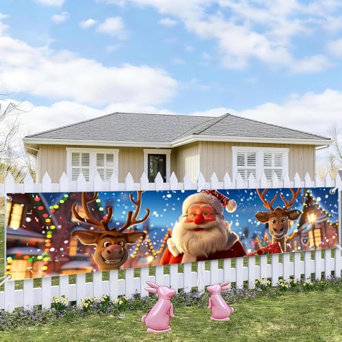 Image of Santa and Reindeer Outdoor Banner 78.7 x 17.7 Inch Jolly Santa with Gifts and Reindeer Festive Winter Scene Holiday Decoration for Yard Garden Porch Fence or Patio Display