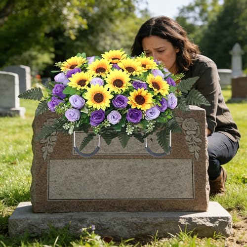 Lodou Artificial Cemetery Flowers Saddle-Shaped Tombstone Decorations,Large Headstone Flower Saddle,Rose Sunflower Memorial Flowers (Purple) image 2
