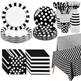170Pieces Black and White Party Supplies Disposable Paper Plates Napkins Cups Knives Spoons Forks Plastic Tablecloths For Wedding Baby Bridal Shower New Years Decor Serve 24
