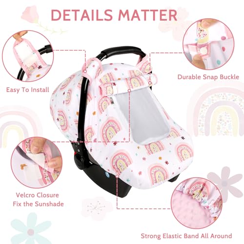 Image of Pea Pod Car Seat Cover Baby, Infant Car Seat Canopy Covers with 2 Layers Windows of Breathable Mesh Fabric, Lightweight Polyester, Soft Minky Dot Backing (Rainbow & Floral Pattern)