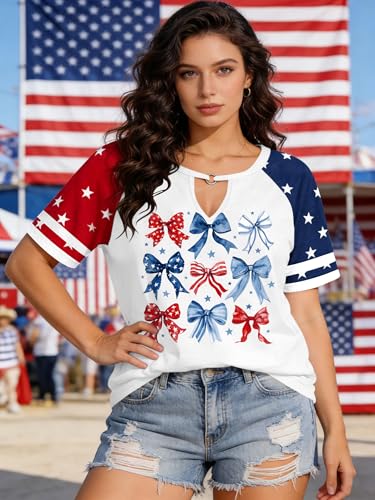 Image of Ithalt Plus Size American Flag Shirt Women Bow T Shirt 4th of July Shirts USA Patriotic V Neck Tees for Independence Day