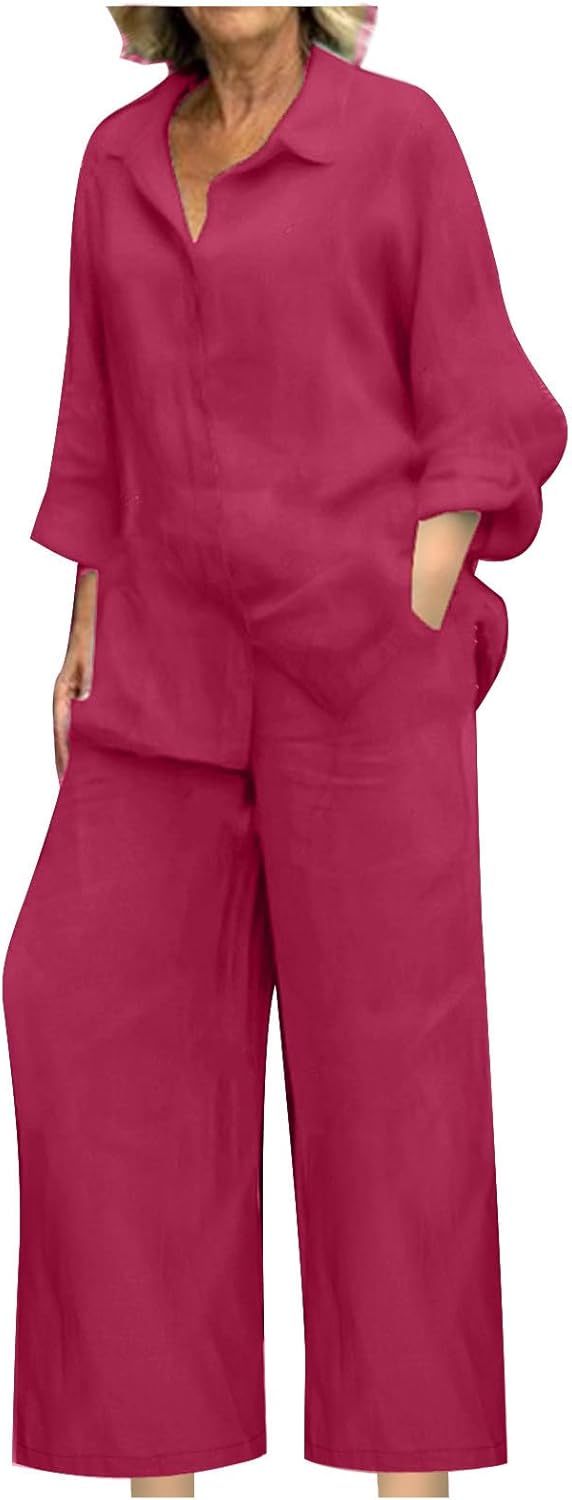 YRAETENM Linen Sets for Women 2 Piece Long Sleeve Button down Shirts and Wide Leg Pants Outfits Loose Casual Gauze Loungewear