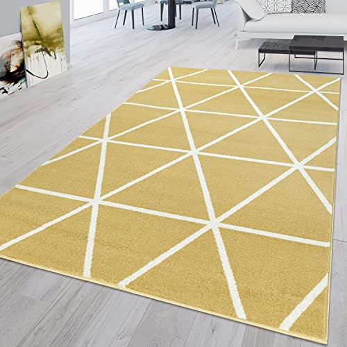 TT Home Alfombra Habitación Salon Dormitoro Pelo Corto Moderna Estilo Nordico Etnica Triangulos, Color: AmarilloOro, Tamaño:70x140 cm