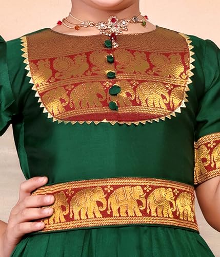 Image of Girls Silk Pattu Gown for Kids Traditional South Indian Long Ethnic Dress | Baby Girl Festival Pavadai Sattai Style Party Wedding Birthday Special Occasion Outfit