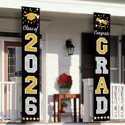 DAZONGE Graduation Decorations 2026, Black & Gold Class of Decorations 2026, Graduation Porch Banners for Any Schools or Grades Party Supplies