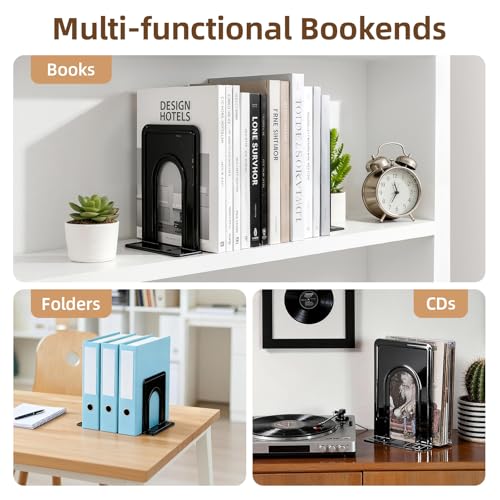 Image of HappyHapi Book Ends, Metal Bookends for Shelves, Non-Skid Book End to Hold Books, Black Book Stopper /Holder for Office Home Kitchen, 5.7X 4.9 X 6.5 in, 3 Pair(6 Pcs, Large)