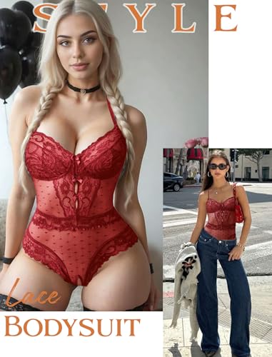 Image of Avidlove Women Sexy Lingerie Sheer Lace Bodysuit V Neck Teddy Lingerie One Piece Mini Babydoll