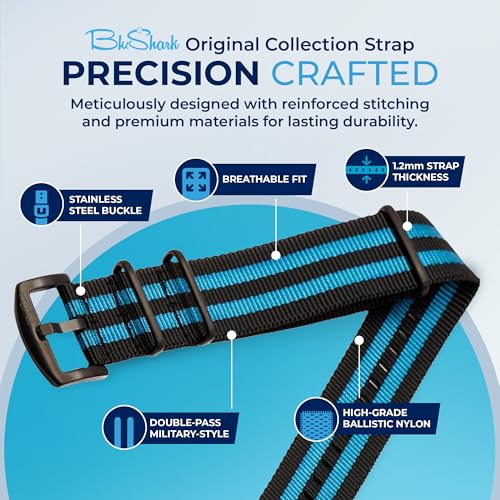 Image of BluShark - Original Collection Military-Style Waterproof Watch Strap, Fits All Timepiece Brands, Durable Nylon Wristwatch Accessories with Stainless Steel Buckle - 18mm, 20mm, 22mm & 24mm Watch Bands