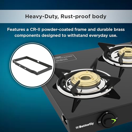 Image of Butterfly Alpha Max 4 Burner Glass Top Gas Stove | Removable Drip Tray | Brass Burner Gas Stove with Tri‑Flow Jumbo Burner| 5 Years Warranty
