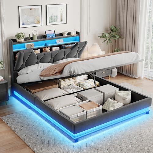 Vabches Queen Size Lift Up Storage Bed Frame, Storage Headboard, Charging Station, LED Lights Upholstered Platform Bed, No Box Spring Needed, Noise-Free