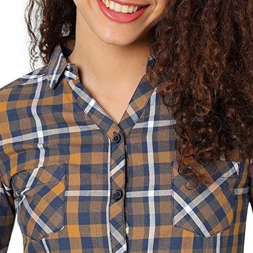 Image of PINACOLADA Women's Navy Blue & Yellow Ochre Tartan Plaid Shirt for Casual Wear | Spread Collar | Long Sleeve | Button Closure | Shirt Crafted with Comfort Fit for Everyday Wear