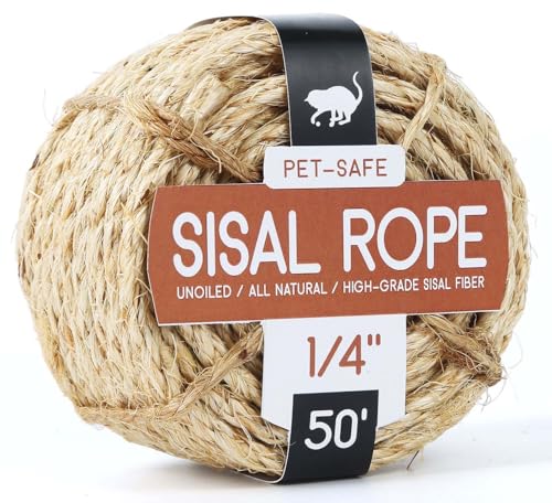 Twisted Sisal Rope 1/4' x 50ft - All Natural Chemical Free, Cat Tree Rope Twine for Scratching Post Repair, Replacement, and Crafts Gardening Home Decorating