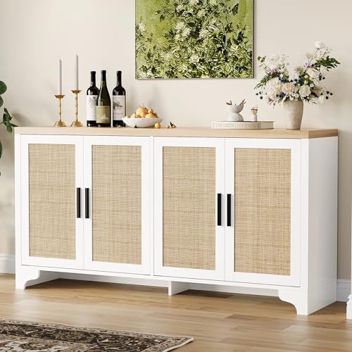 GarveeHome 4-Door Sideboard Buffet Cabinet, Natural Rattan Storage Cabinet, Boho Entryway Console Table, Coffee Bar Station for Dinning Room, Living Room, Kitchen, White