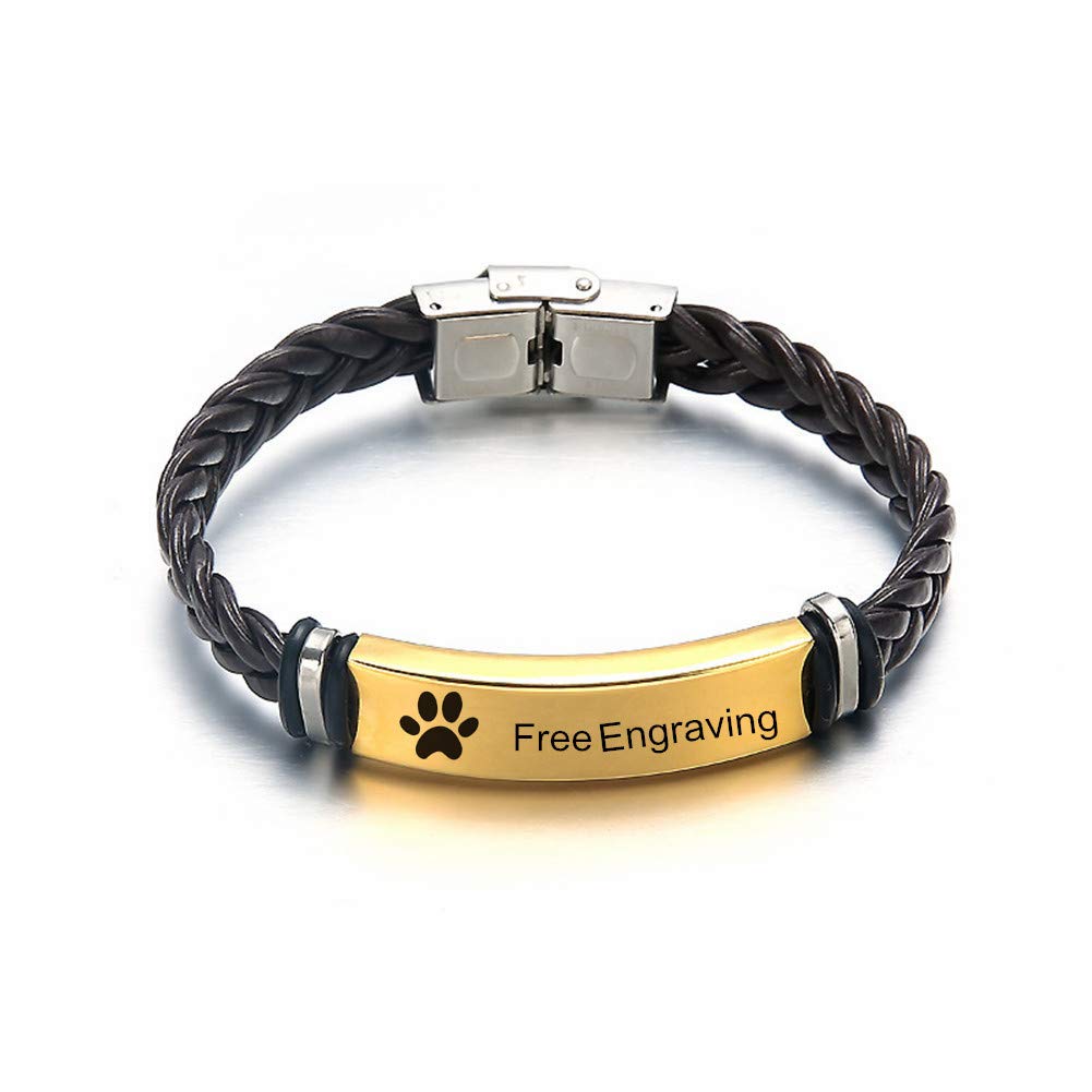 ZKXXJ Personalized Paw Bracelet for Men - Stainless Steel Braided Leather Wristband with Dog and Cat Pawprint Design - Remembrance Loss of Pet Cuff Bracelet - Gift for Pet Lovers