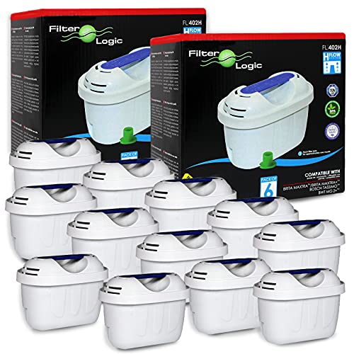 FilterLogic FL402E | Lot de 12 - Cartouche filtrante compatible avec Brita Maxtra+ Plus filtre à eau pour Carafe fill&enjoy Marella Style Flow Elemaris Fun - BWT Penguin - Tassimo